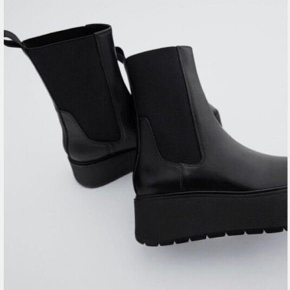 ZARA WOMEN'S FLAT LEATHER PLATFORM ANKLE BOOTS Black Genuine Leather US 9 NWT - Picture 7 of 15